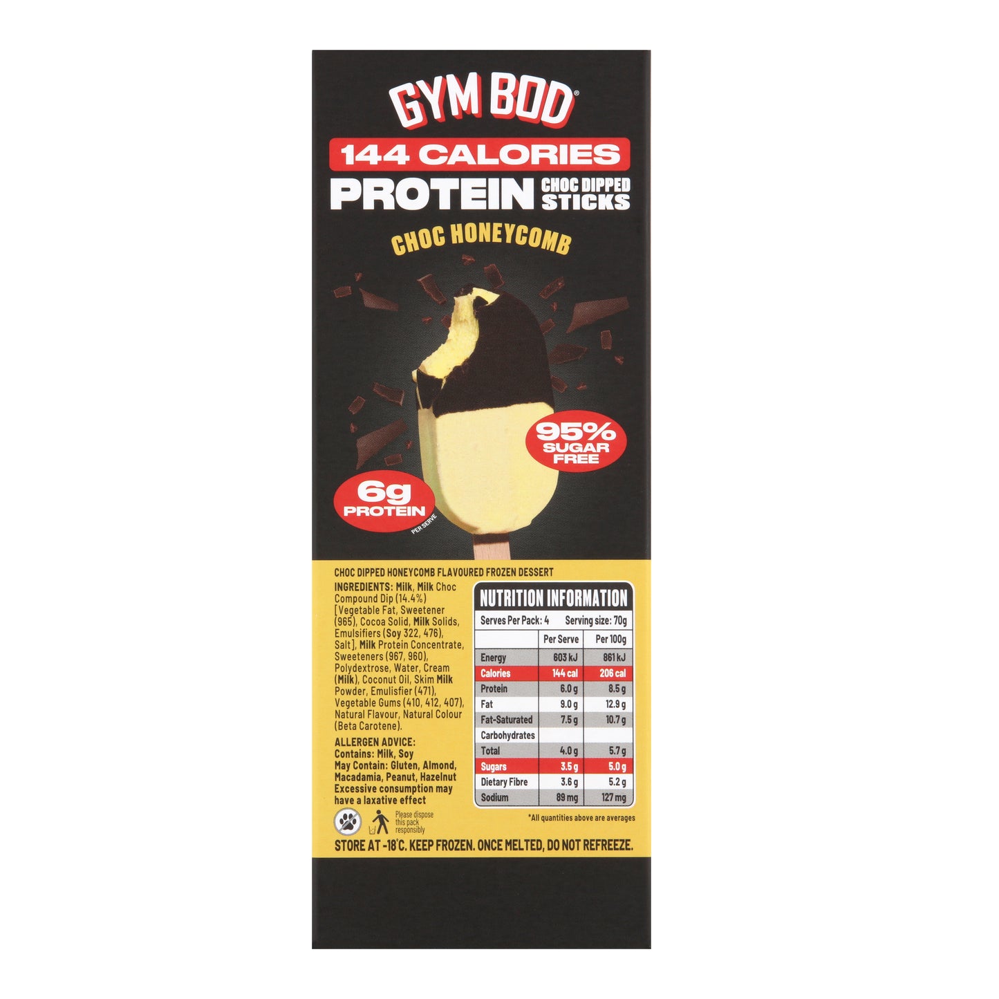 GYM BOD Protein Choc Honeycomb Choc Dipped Sticks (4 Pack)