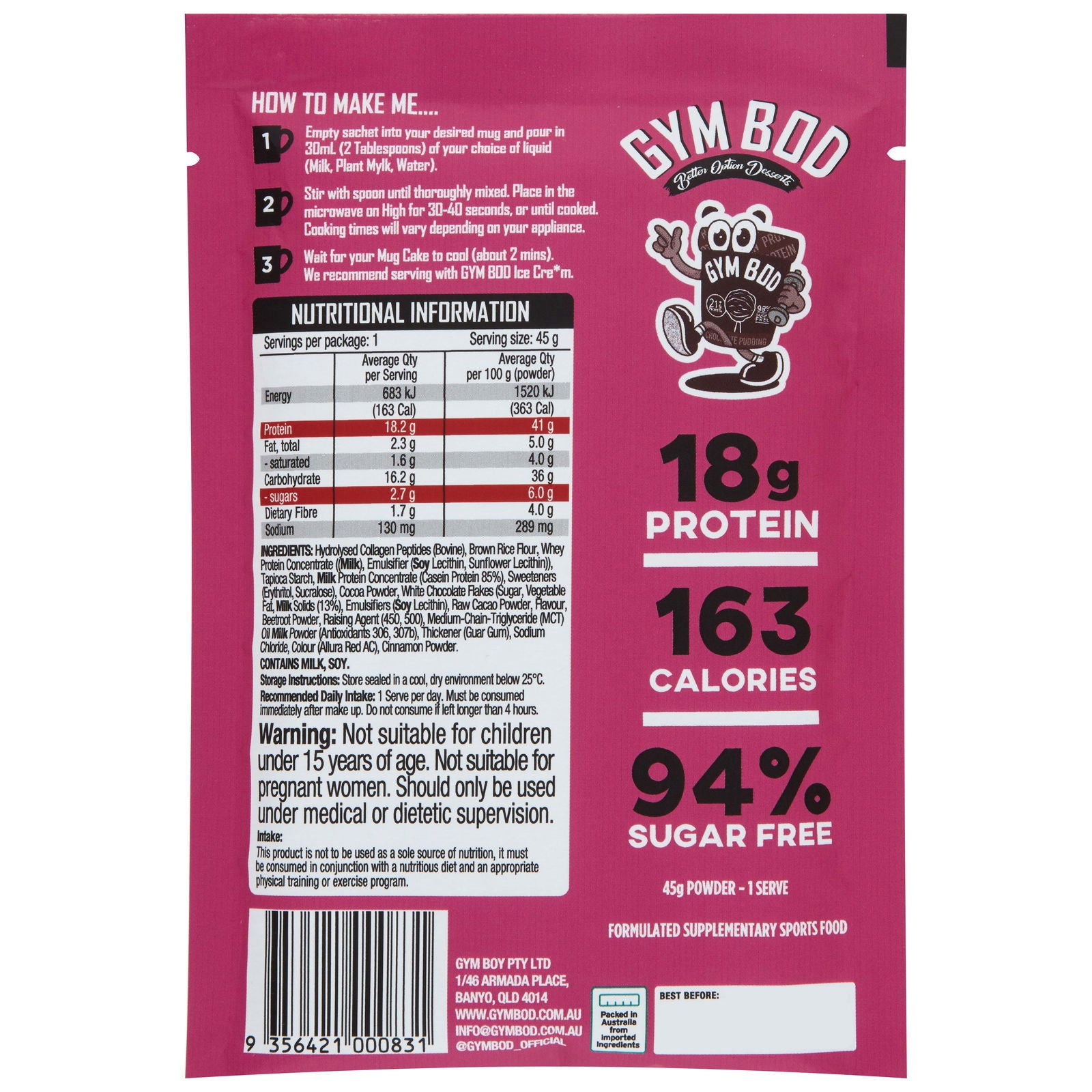 GYM BOD Protein Mug Cake - Red Velvet - GYM BOD